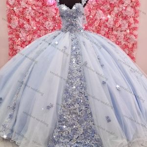 Luxus Quinceanera Kleid Blumen Schulterfrei Hellblau Rosa Prinzessin Mädchen Abendkleid Applikationen Vestidos De Xv A￱os