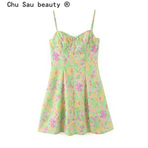 Chu Sau Beauty Fashion Sexy Chic Floral Print Sling Mini Dress Women Party Letnie Głębokie Weck Neck Bow Bez Ramiączek Damskie Dresses 210508