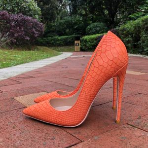 Sexy lady Pumps Orange snake python Croc-Effect Women Pointy Toe High Heels 12 10 8cm Slip On Stilettos Pumps Ladies Party Dress Shoes 34-45