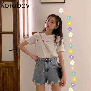 Korobov coreano lantejoulas retalhos jeans larga perna shorts mulheres cintura alta anca botão design curto feminino verão solto 2a551 210430