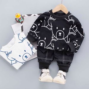 0-5 anos primavera menino vestuário conjunto ativo moda urso padrão t-shirt + calça criança crianças bebê criança menino roupas 210615