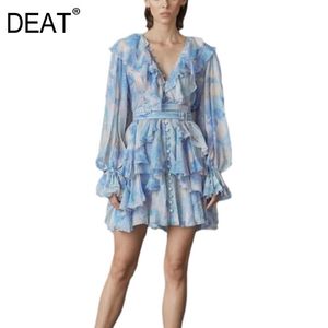 [DEAT] V-neck Collar Lantern Long Sleeve Double Belt High Waist Print Mall Goth Y2k Clothes Spring Dress Women GX187 210428