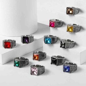 Square 12 Colour Crystal Stone Rings for Men Titanium Steel Inlaid Domineering Turkey Pink Jewelry Women Gif