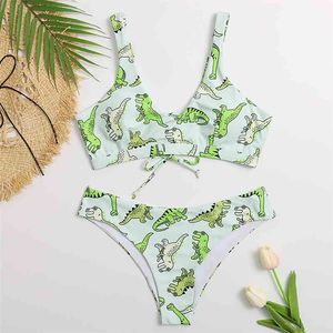 Sexiga Dinosaurier Skriv ut Bikini Badkläder Kvinnor Sommar Lace Up Push Polded Brazilian Thong Biquini Beachwear Baddräkt 210520