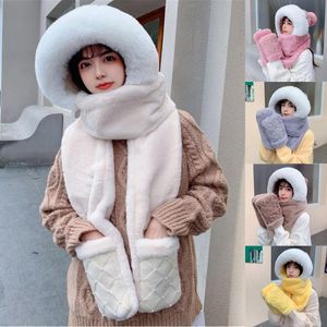 Wholesale scarves beanie sets resale online - Scarves Cute Winter Hat Scarf Gloves Set Women Beanies Caps Warm Casual Plush Hats Solid Fleece Girl Kawaii Present