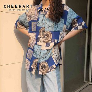 Harajuku Sommer Kurzarm Bluse Frauen Blau Drucken Lose Hemd High Low Top Und Blusen Kleidung 210427