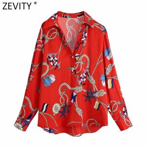 ZEVITY Kadınlar Retro Baskı Kırmızı Şifon Gömlek Bayanlar Vintage Uzun Kollu Chic Yüksek Street Smock Bluz Kadın İş Tops LS9125 210603