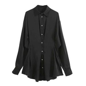 Szyjki Haftowane Luźne BF Single Breasted Black Turn Down Collar Satin Shirt Sukienka dla kobiet 210615