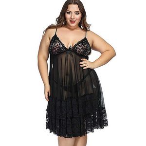 Sexy Dress Lace Sleep Wear Night Gown Lingerie Ladies Spaghetti Strap Sleepwear plus size womens clothing erotic sling 210924