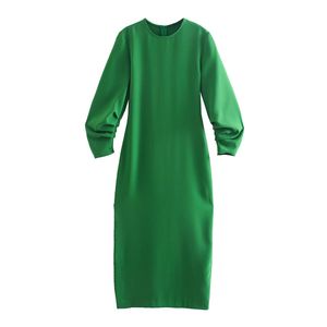 Fashion Green Midi Dress Kvinnor Sommar O Neck Tre Kvartär Ärm Kvinna Klänningar Vestido Feminino 210430