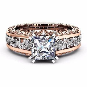 Pierścienie klastra rbnyd stylowy elegancki, efektowny kwadratowy pierścień biżuterii z przezroczystym cyrkonem, Rose Gold Ladies Wedding Holiday Gift