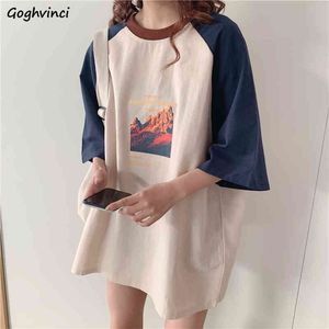 T-shirts Frauen Lange Patchwork Grafik Oansatz Drei Viertel Sleeve Koreaner adrette Stil Design Elegante Damen Kawaii Mädchen Hipster Y0508