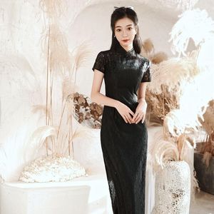 Ethnic Clothing Chinese Style Women Dress Mid Length Lace Cheongsam Elegant Black Flower Sexy Slim Qipao Autumu Evenning Party Vestidos Gown