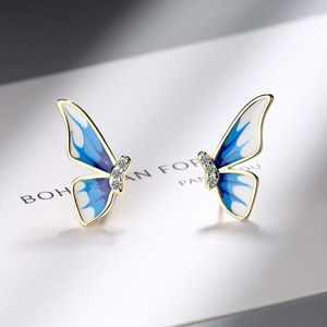 Stud 2022 Trend Boho Style Enamel Blue Butterfly Örhängen för Kvinnor Elegant Vit Zircon Earring Smycken Tillbehör