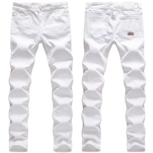 Solidne White Ripped Jeans Mężczyźni Klasyczne Retro Męskie Uroda Kobiety Drukuj Skinny Jean Marka Elastyczne Dżinsowe Spodnie Spodnie Casual Slim Fit