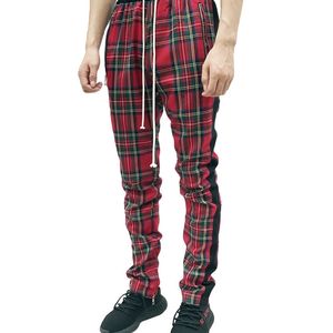 Moda Mężczyźni Spodnie Dresy Hip Hop Spodnie Czerwona Plaid Streetwear Zipper Slim Ołówek Mężczyźni Spodnie Jogger 210715