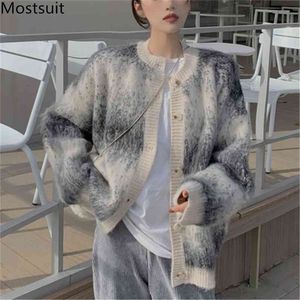 Grey Single-breasted Women Cardigan Sweater O-neck Full Sleeve Vintage Korean Fashion Knitted Coat Jumpers Tops 210513