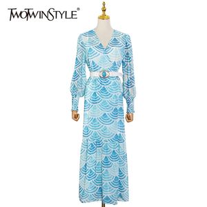 Bohemian Print Hit Green Dress for Women V Neck Långärmad Sashes Side Split Spring Dresses Female Fashion 210520