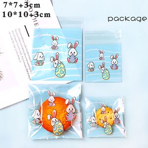 400ピース/ロット自己接着シールベーカリーパンのプラスチックラップバッグ、10x10cm、7x7cmギフトバッグ、かわいいブルーウサギカラフルなエッグクッキーキャンディーパーティーパッキング