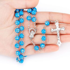 Cristal Acrílico Rosário Colares Para As Mulheres Religiosas Cristã Virgem Maria Jesus Cross Pingente 8mm Grânulos Longa Correntes Moda Jóias