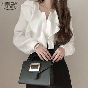 Spring White Long Sleeve Shirt Blouse Elegant Ruffles Women Tops Clothing V-neck Solid Blusas Mujer De Moda Verano 13342 210508