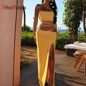 Two Piece Set Women Sexy High Split Long Skirt Beach Vacation Party Outfits + Fairy Grunge Halter Lace Up Bandage Camis Crop Top 210517