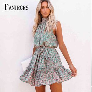 Kvinnors sommar Boho Mini Short Party Dress Bohemian Halter Ruffle A-Line Chic Sundress Sexig Backless Beach Holiday Dresses 210520