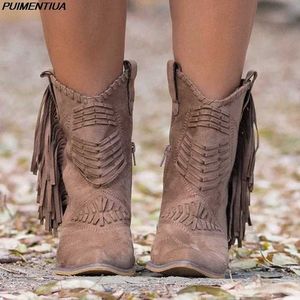 Puementiua Tassel Western Cowboyブーツレザーレザーカウガールブーツローヒールシューズ冬ブーツZapatos de Mujer Y0914