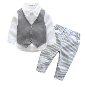 Outono primavera roupas bebê roupas menino terno branco camisa + colete + calça listrada 3 partes 1 2 3 anos kits kits outono g1023