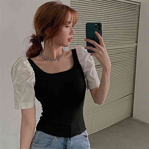 Puff sleeve Women T-shirts Tops Korean Summer Splicing Female Short Sleeve T shirt all neon store clothes 210507
