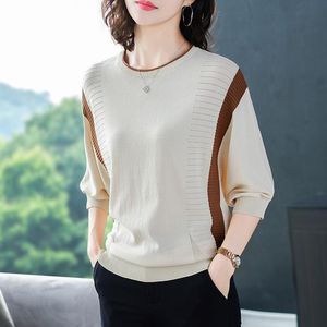 Kvinnors T-shirt Female Eyelet Hollow Out Patchwork 2021 Stickade T-shirts Kvinnor Halv Ärmlös Plus Size Ice Silk Pullovers Ladies O-Neck