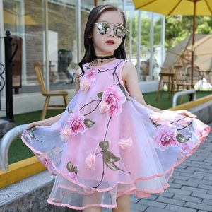 Neue Kinder Mädchen Kleid Sommer Prinzessin Kleid Mädchen Romantische Organza Trend Casual Kleidung Romantische Ärmellose Blume Fee Kleid Q0716