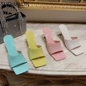 Wholesale candies leather sandals for sale - Group buy SUOJIALUN Summer Women Slipper Fashion Candy Colors Patent Leather Sandal Shoes Ladies Thin High Heel Slides Flip Flop