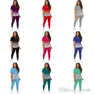 Plus Size S-5XL 2022 Distury Dresy Gradient Designer 2 Sztuka Spodnie Ustaw Dorywczo Sport Krótki Rękaw T Shirt Legginsy Outfits