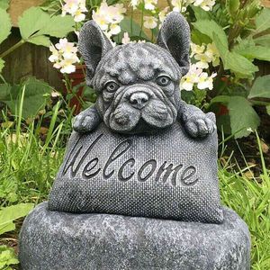 French-Bulldog Sculpture Welcome On A Plinth Home Or Garden Decoration Yard Garden Decor Sculpture Garden Decor Statue Q0811