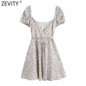 Zevity Women Fashion V Neck Blommigryck Mjuk satin Mini Klänning Chic Kvinna Puff Sleeve Slim Vestidos Lace Up Party Dress DS8289 210603