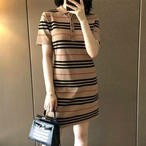 여름 한국 드레스 여성 스트라이프 패치 워크 스웨터 폴로 드레스 캐주얼 짧은 소매 미디 셔츠 소녀 의류 Vestidos 210323