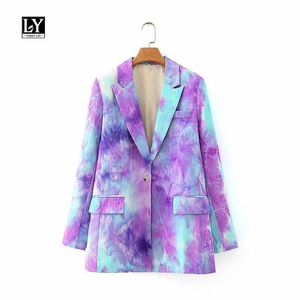 LY VAREY LIN Herbst Frauen Krawatte gefärbt Blazer Lila Druck Single Button Maßgeschneiderte Kragen Taschen Damen Lose Jacken 210526