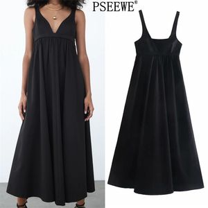 Black Slip Long Dresses Women Fashion Pleated V Neck Backless Spaghetti Strap Midi Kvinna Voluminös Sommar 210519