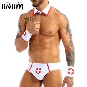 Mens Lingerie Doctor Enfermeira Sexy Cosplay Role Play trajes Outfit Set Fantasia Clubwear Jockstraps Briefs com colarinho e manguito 210616