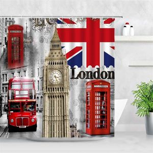 London Street View Prysznic Zasłony Big Ben Red Telefon Booth Druk Druk Retro Wall Decor Tkaniny Ekran Haki Łazienka Zestaw 211116