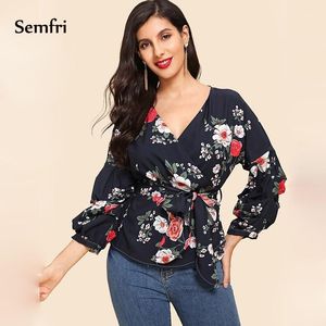 Semfri Floral Print Womens Shirt 2021 Spring Summer Long Lantern Sleeve Kimono Blouse Vintage High Waist Belt Bohemian Women's Blouses & Shi