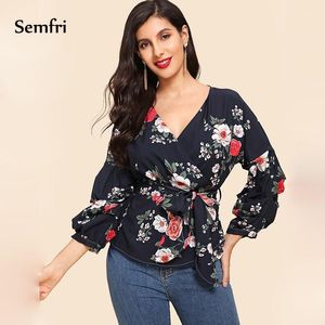 Semfri Blumendruck Damenhemd 2021 Frühling Sommer Lange Laternenärmel Kimonobluse Vintage Hoher Taillengürtel Böhmische Damenblusen Shi