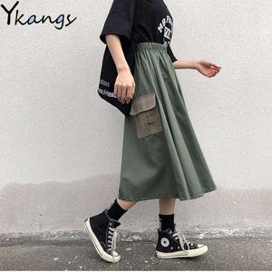 Cotton Khaki Camo Green Pocket Pocket High Tail Cargo Spódnica Streetwear Harajuku Korean Women Fashion A-Line Midi Long Spódnica Autumn 210619