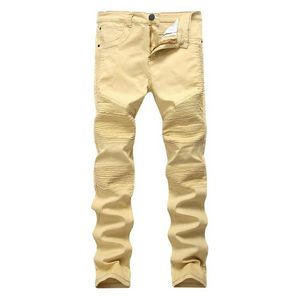 Qnpqyx Khaki Biker Jeans Pliated Design Мужские Узкие тонкие стримальные джинсовые брюки Новое Прибытие Хип-Хоп Улица Разорванные джинсы