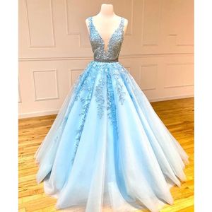 Custom Plus Size Long Evening Dresses with Beads Lace Appliques V Neck Backless Light Blue Tulle Prom Dress 2023 robe de soiree