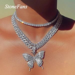 Stonefans Luxury Cuban Link Chain Choker Necklace Butterfly Pendant for Women Hip Hop Iced Out Rhinestone Necklace Jewelry X0509