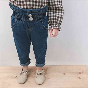 Koreansk stil höst spädbarn baby flickor mode hög midja denim byxor barn all-match elastiska jeans barn byxor 210508