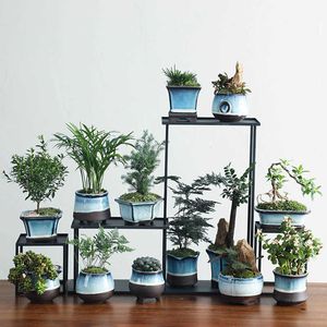 Ceramic Flowerpot Tianmu Glaze Blue Bonsai Pot Only Vase without Plant Breathable Container for Office Balcony Garden Home Decor 210615