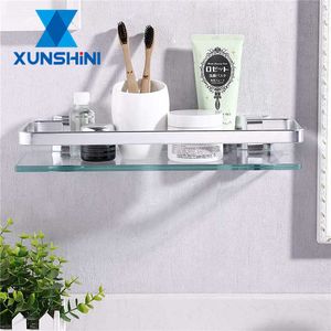 Xunshini Szkło Hartowane Półka Łazienka Aluminium Rack Rack Prostokątny 30 40 CM 1 Tier Srebrny Piasek Spryskany Ściana zamontowana 210724